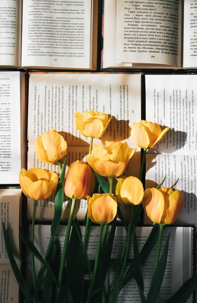 tulips, flowers, books, nature, read, flower wallpaper, page, flower background, yellow tulips, yellow flowers, spring, literature, beautiful flowers, closeup, phone wallpaper, aesthetic wallpaper