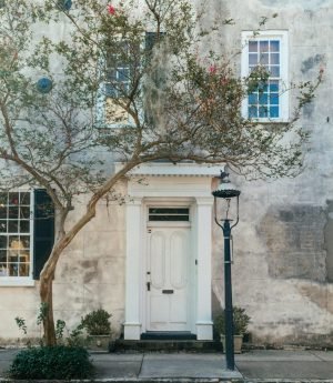 A beautiful historic house facade with lush tree and classic architecture features.